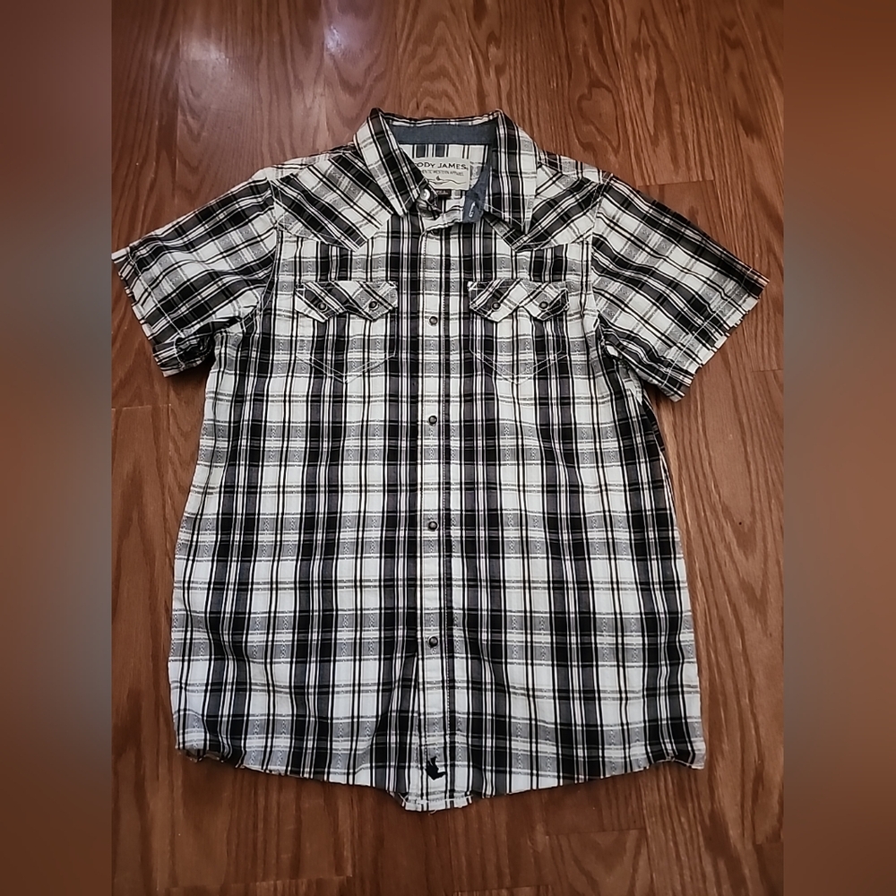 Cody James pearl Snap Short Sleeve Black and White Plaid‎ Shirt Size Lg